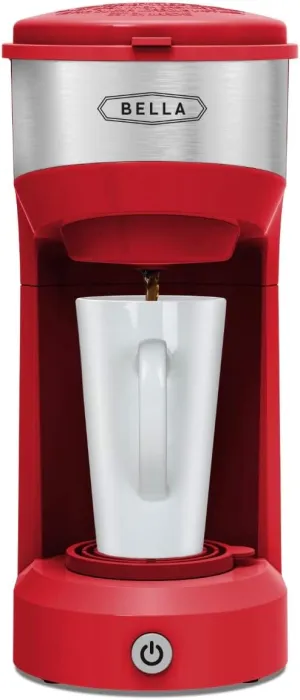 BELLA Dual Brew Single Serve Coffee Maker, K-cup Compatible with Ground Coffee Basket & Adapter - Carefree Auto Shut Off & Adjustable Tray, 14oz, Red