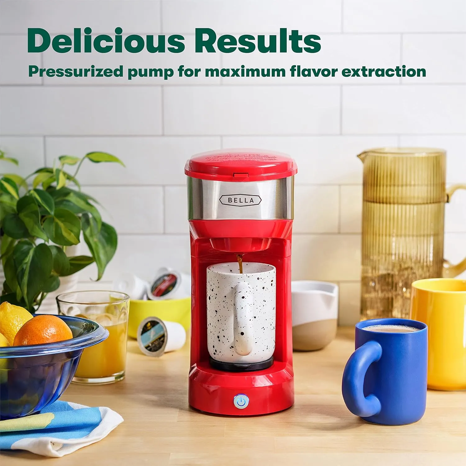 BELLA Dual Brew Single Serve Coffee Maker, K-cup Compatible with Ground Coffee Basket & Adapter - Carefree Auto Shut Off & Adjustable Tray, 14oz, Red
