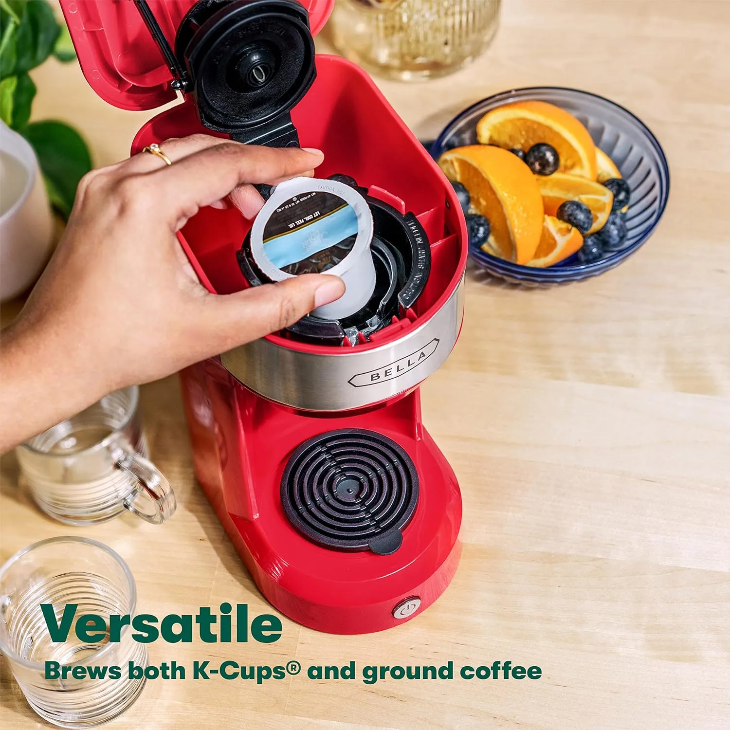 BELLA Dual Brew Single Serve Coffee Maker, K-cup Compatible with Ground Coffee Basket & Adapter - Carefree Auto Shut Off & Adjustable Tray, 14oz, Red