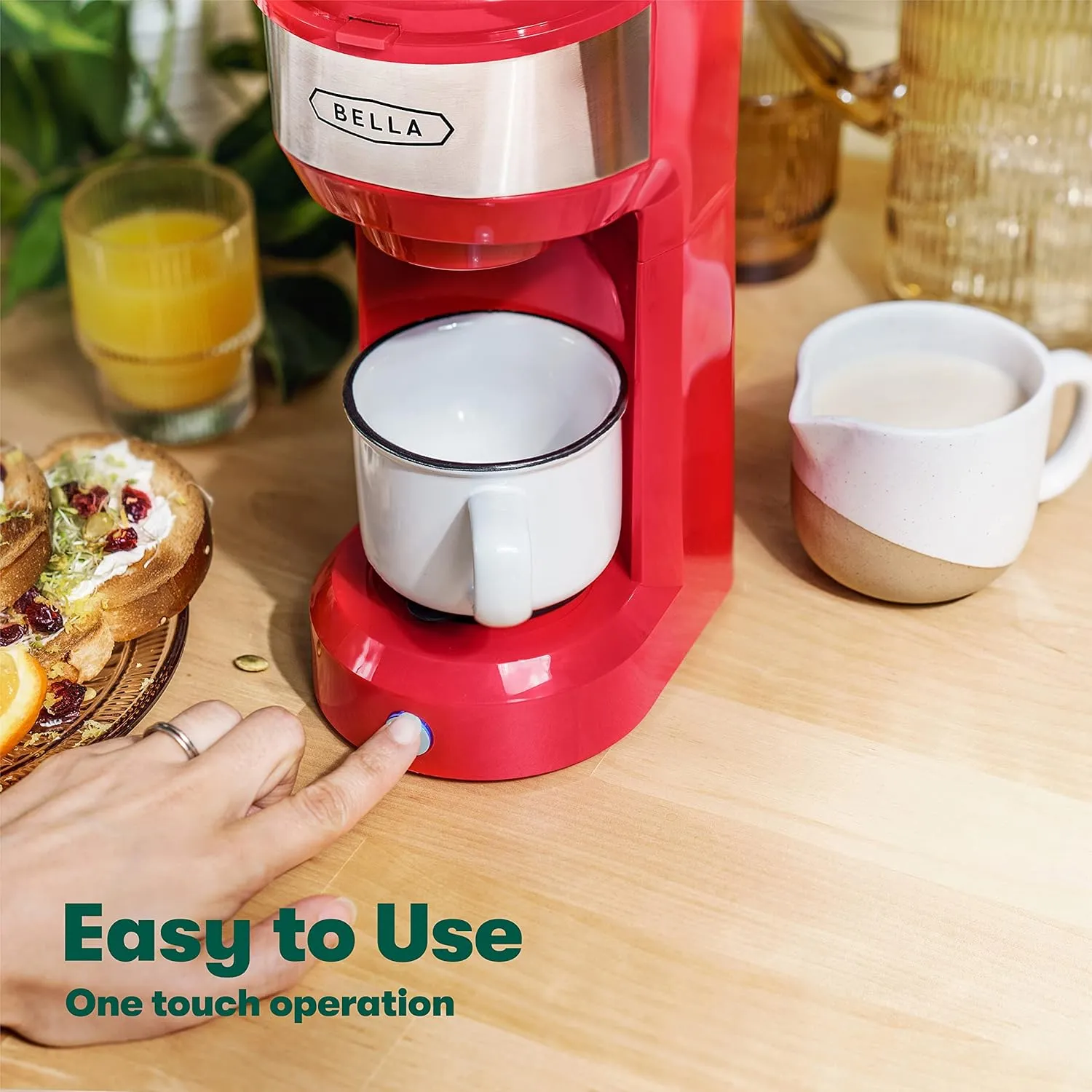 BELLA Dual Brew Single Serve Coffee Maker, K-cup Compatible with Ground Coffee Basket & Adapter - Carefree Auto Shut Off & Adjustable Tray, 14oz, Red
