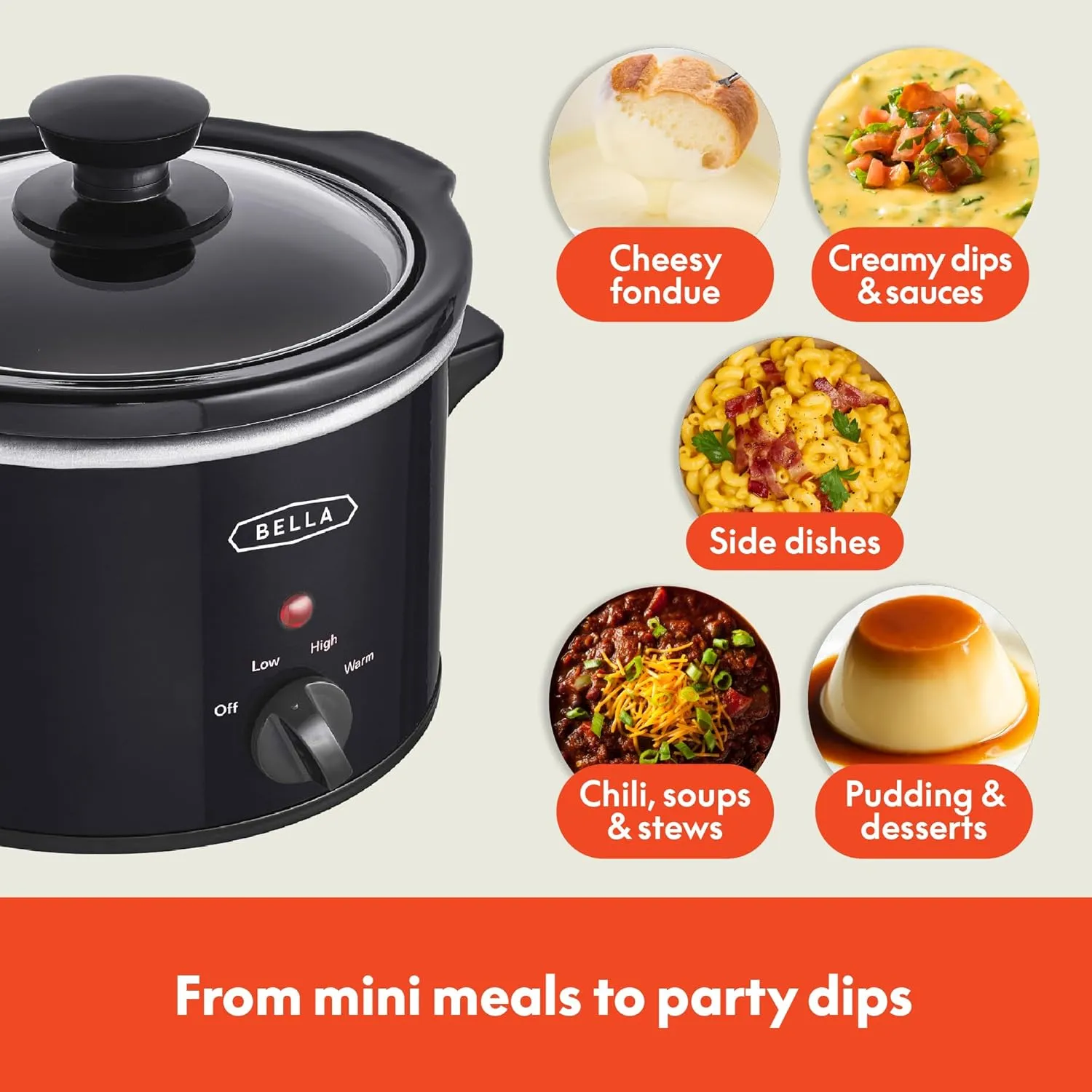 bella Electric Slow Cooker 1.5 Qt, Dishwasher Safe Removable Stoneware Pot and Glass Lid, Adjustable Temperature & Cool Touch Handles, Portable Mini Rice Cooker, Baby Food Steamer & Soup Warmer, Black