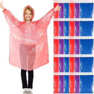 Berlune 30 Pcs Kid Rain Ponchos Bulk Disposable Ponchos for Kid Emergency Raincoat with Drawstring Hood and Elastic Sleeves