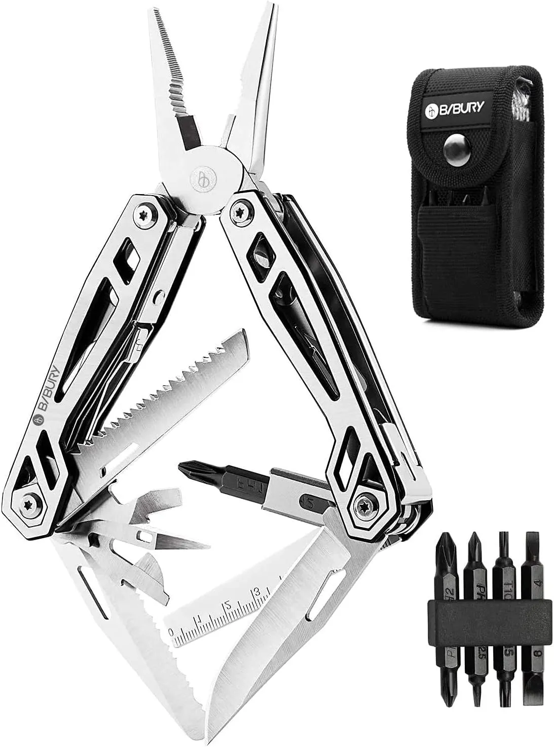 BIBURY 21-in-1 Multitool Pliers, Multi-Purpose Pocket Knife Pliers with Screwdriver Sleeve, 420 Foldable Stainless Steel Safety Locking Design Multi-tool for Survival, Camping, Fishing and Home Repair