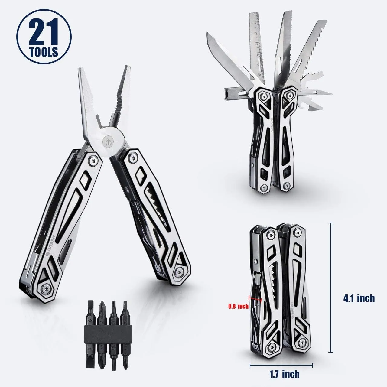 BIBURY 21-in-1 Multitool Pliers, Multi-Purpose Pocket Knife Pliers with Screwdriver Sleeve, 420 Foldable Stainless Steel Safety Locking Design Multi-tool for Survival, Camping, Fishing and Home Repair