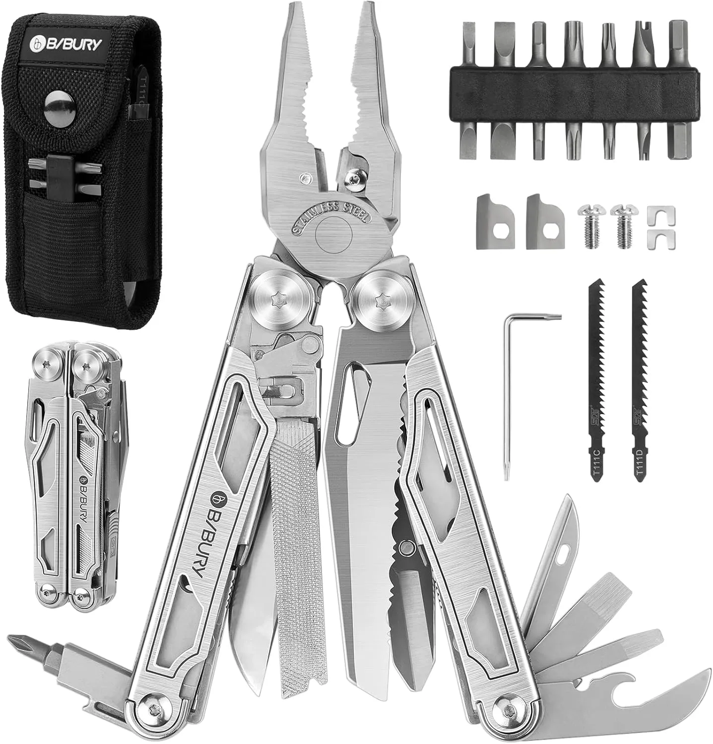 BIBURY Multitool Pliers Pro BI2045, Foldable Multitools with Replaceable Wire Cutters and Saw, Stainless Steel Multi Tool w/Upgraded Scissors and Screwdriver Set, Ideal for Camping, Fishing, Survival