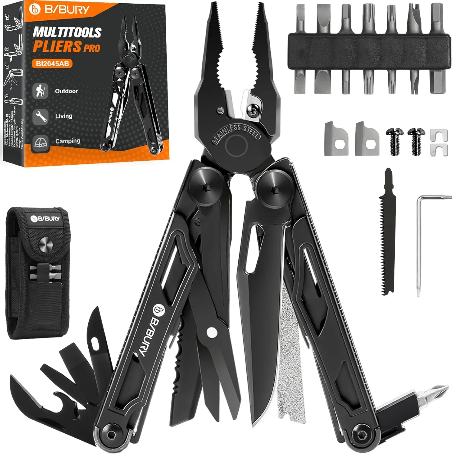 BIBURY Multitool Pliers, Stainless Steel Foldable Multi Tool with Upgraded Scissors and Screwdriver, Multitools Pro with Replaceable Wire Cutters and Saw, Ideal for Camping,Fishing,Survival -Black