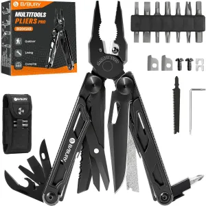 BIBURY Multitool Pliers, Stainless Steel Foldable Multi Tool with Upgraded Scissors and Screwdriver, Multitools Pro with Replaceable Wire Cutters and Saw, Ideal for Camping,Fishing,Survival -Black
