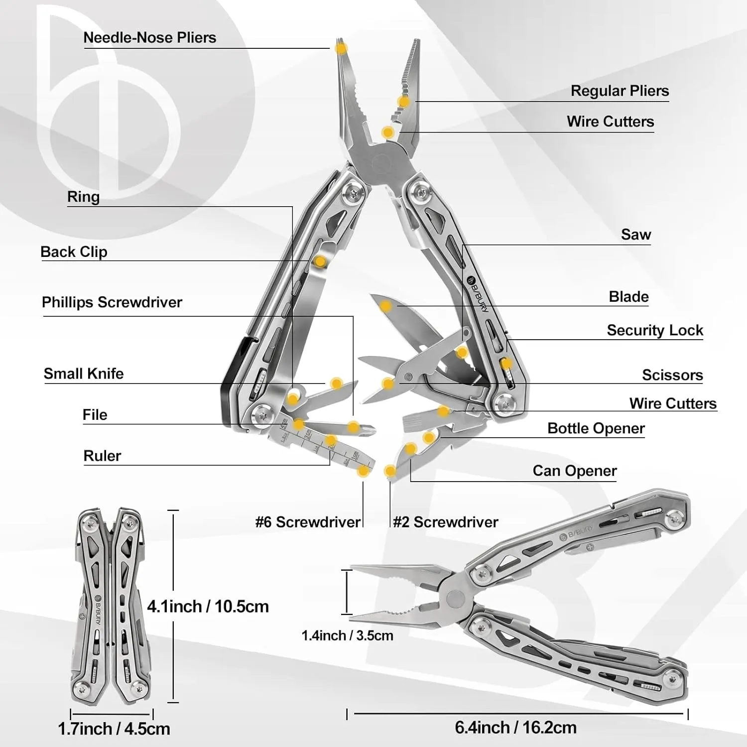BIBURY Multitools BI2043, 17-in-1 Portable Multitool Foldable Spring-Loaded Pliers with Scissors, Can Opener & Screwdriver, Safety Locking EDC Tools for Camping Outdoor Activities Home Repair (Black)