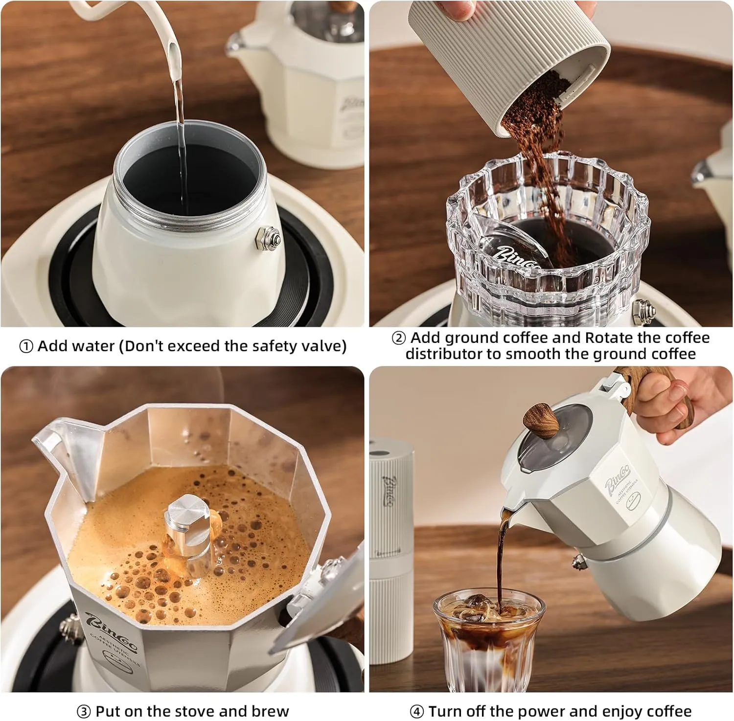 Bincoo Stovetop Espresso Coffee Maker, 2 Cups Aluminum Moka Pot Coffee Pot Coffee Maker for Camping Travel (White)