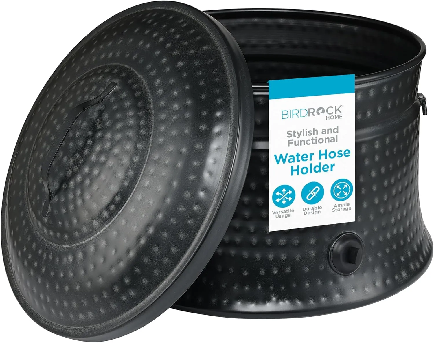 BIRDROCK HOME Water Hose Holder Pot with Lid - 200ft Garden Hose Storage - Alloy Outdoor Pot - Heavy Duty Lawn Keeper - Patio Organizer Container - Hideaway Watering Case - Yard Hose Bin - Charcoal