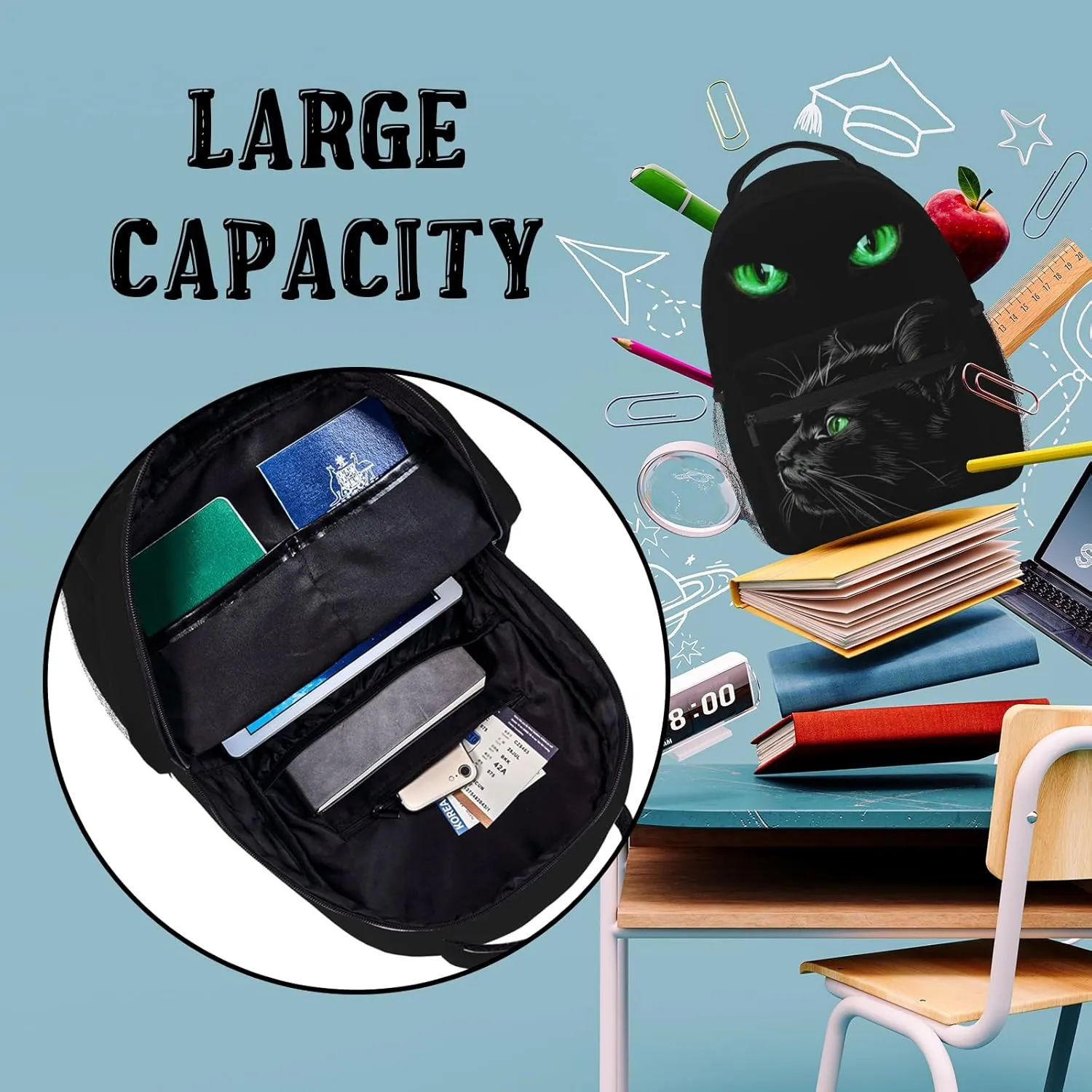 Black Cat Backpack with Green Eyes Trendy Water Resistant Daypack Lightweight School Bag for Teens Fashionable Travel Rucksack Animal Print Backpack for Cat Lovers