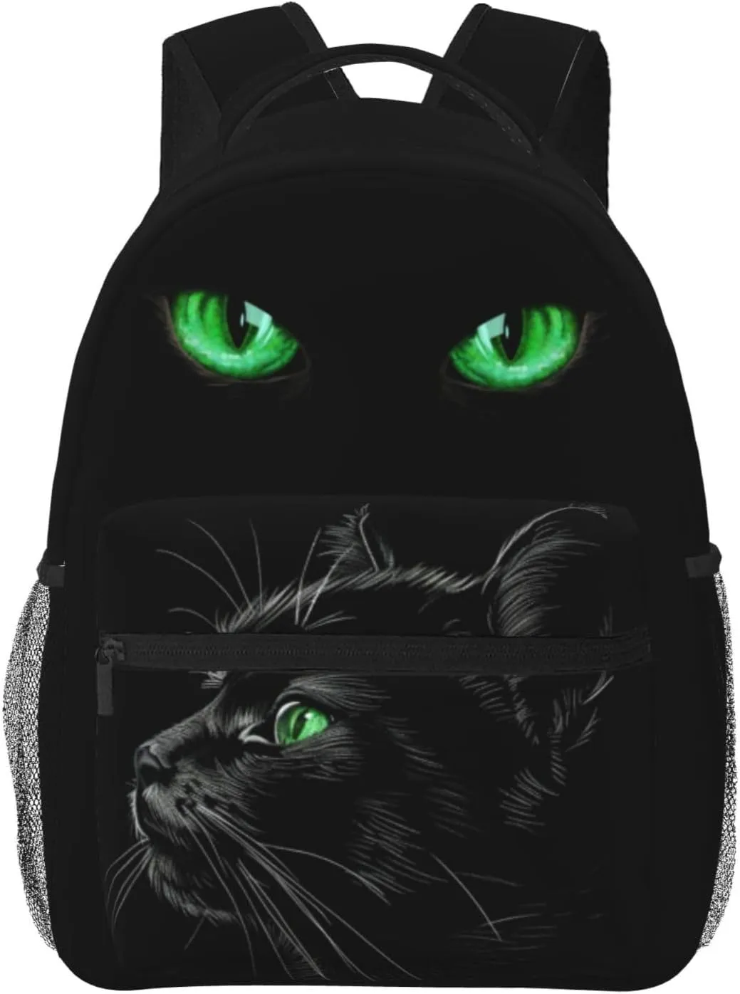 Black Cat Backpack with Green Eyes Trendy Water Resistant Daypack Lightweight School Bag for Teens Fashionable Travel Rucksack Animal Print Backpack for Cat Lovers