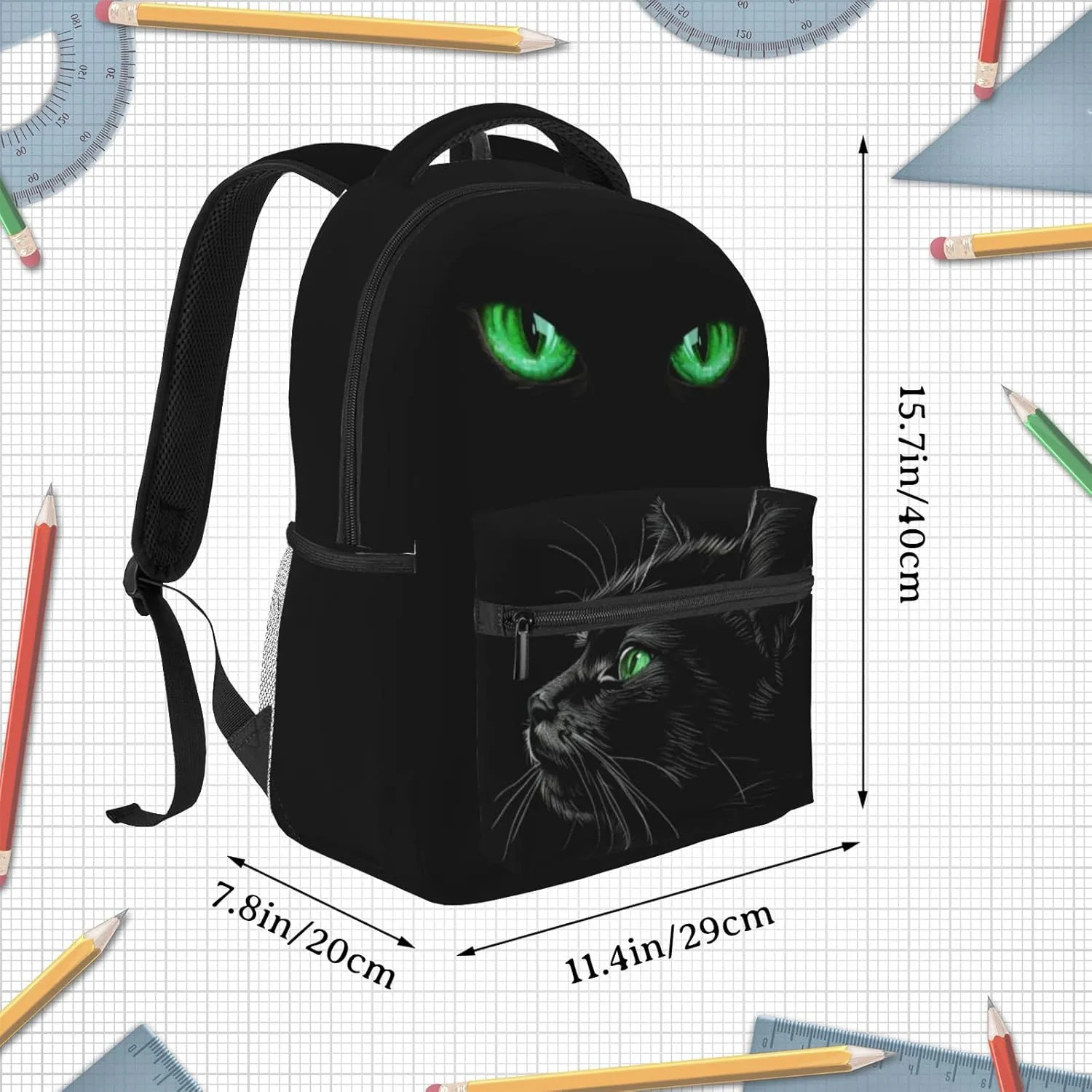 Black Cat Backpack with Green Eyes Trendy Water Resistant Daypack Lightweight School Bag for Teens Fashionable Travel Rucksack Animal Print Backpack for Cat Lovers