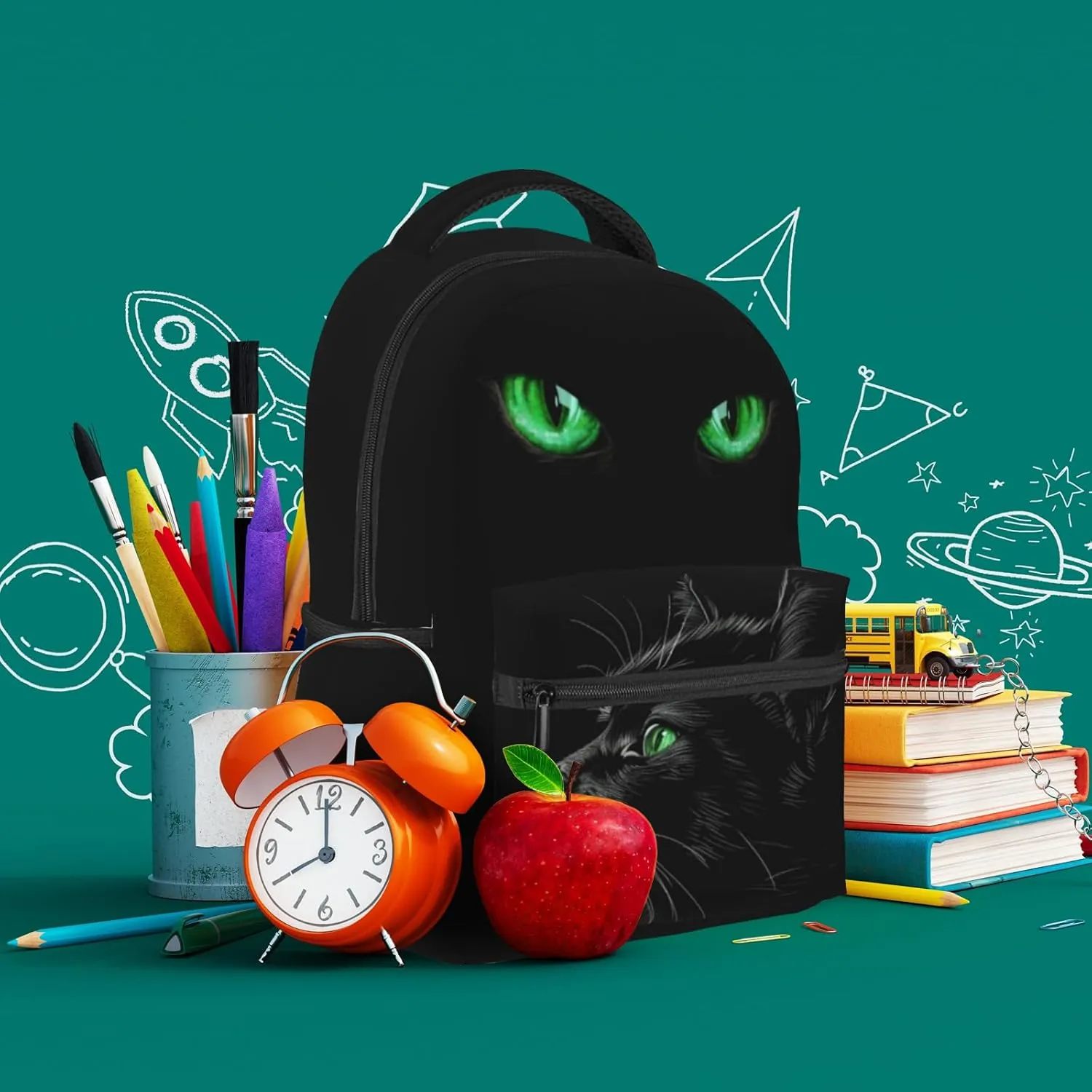 Black Cat Backpack with Green Eyes Trendy Water Resistant Daypack Lightweight School Bag for Teens Fashionable Travel Rucksack Animal Print Backpack for Cat Lovers