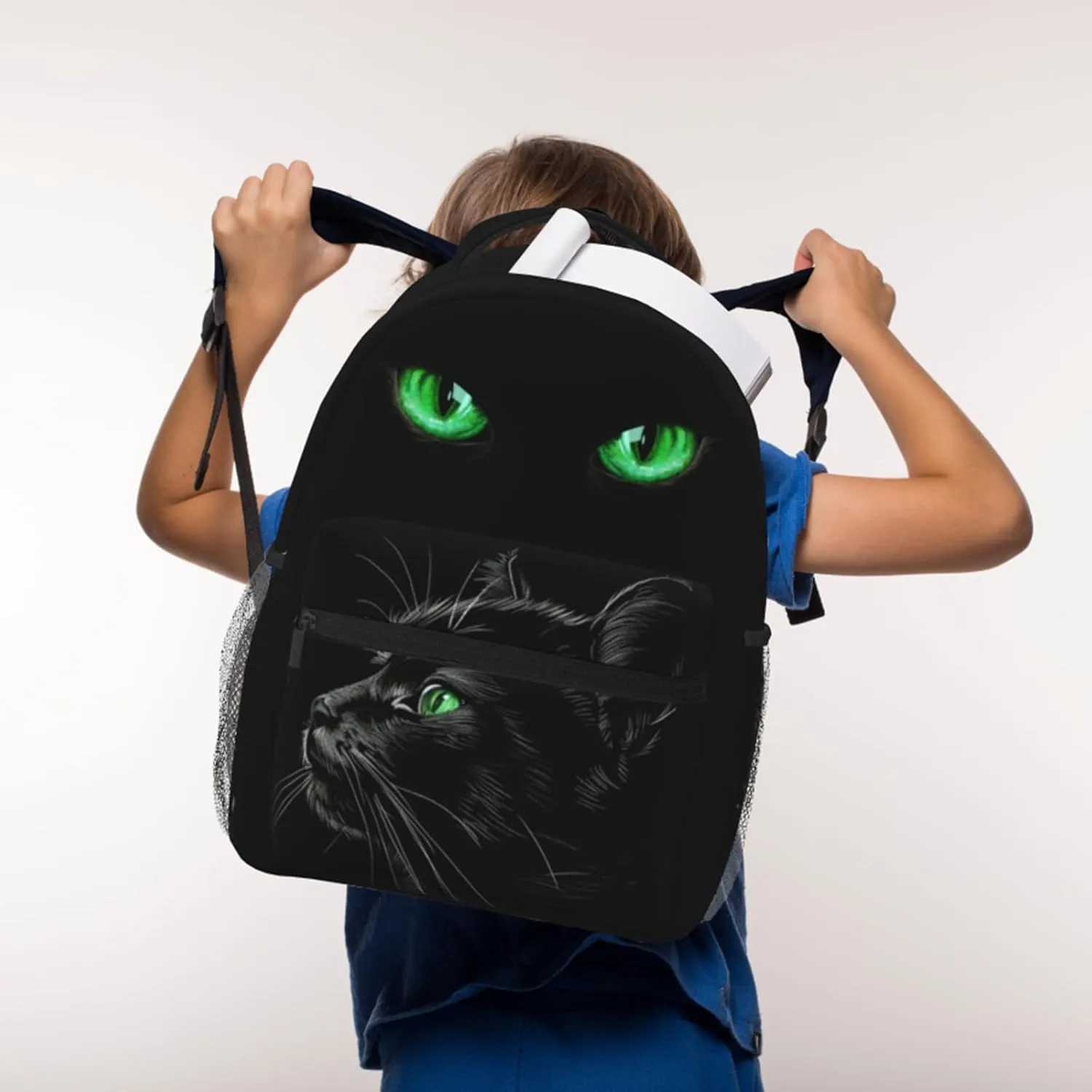 Black Cat Backpack with Green Eyes Trendy Water Resistant Daypack Lightweight School Bag for Teens Fashionable Travel Rucksack Animal Print Backpack for Cat Lovers