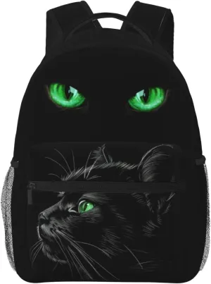 Black Cat Backpack with Green Eyes Trendy Water Resistant Daypack Lightweight School Bag for Teens Fashionable Travel Rucksack Animal Print Backpack for Cat Lovers