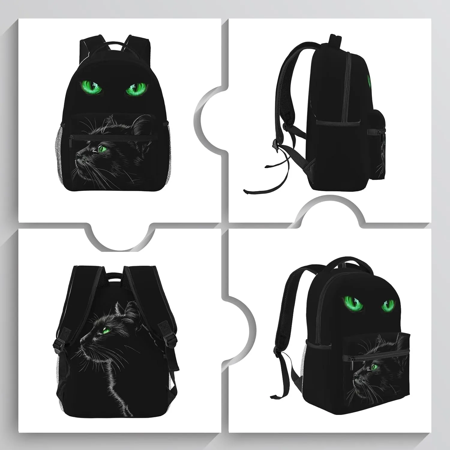Black Cat Backpack with Green Eyes Trendy Water Resistant Daypack Lightweight School Bag for Teens Fashionable Travel Rucksack Animal Print Backpack for Cat Lovers