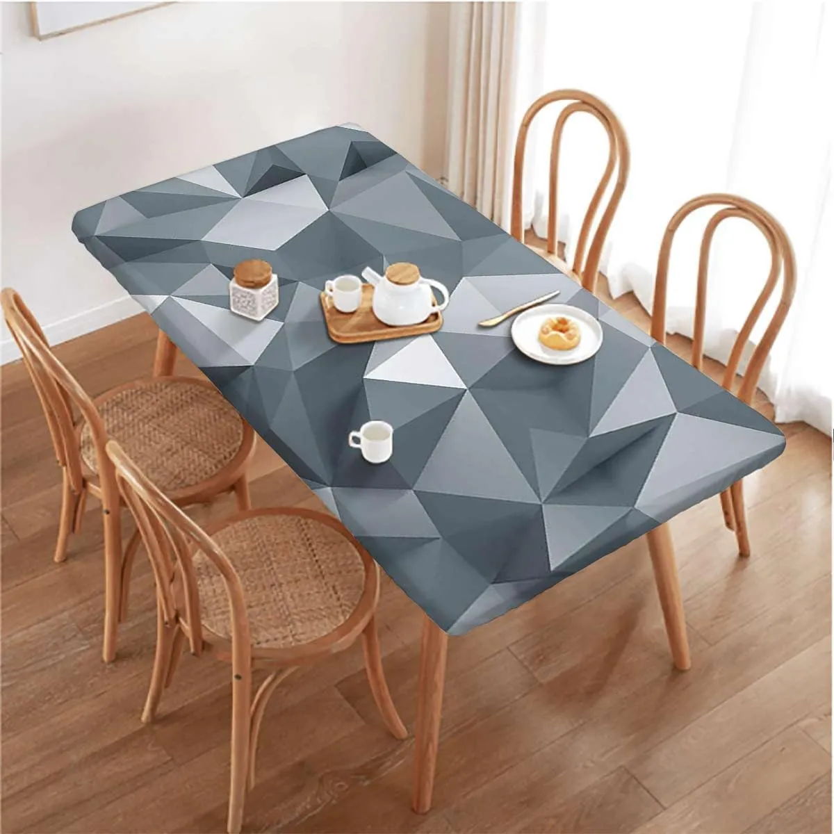 Black Grey Tablecloth for Folding Table Stripe of Triangles Geometry Elastic Edge, Waterproof and wipeable Abstract Fractal Fits up 4 Foot Tables