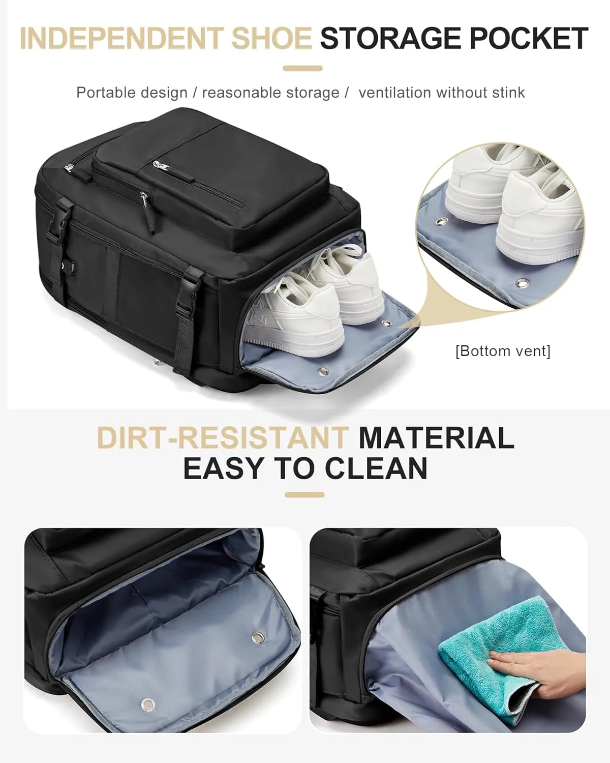 Black Travel Backpack For Women Men Carry On Backpack Flight Approved Travel Bag Personal Item Waterproof Luggage Backpack With Shoe & Laptop Compartment
