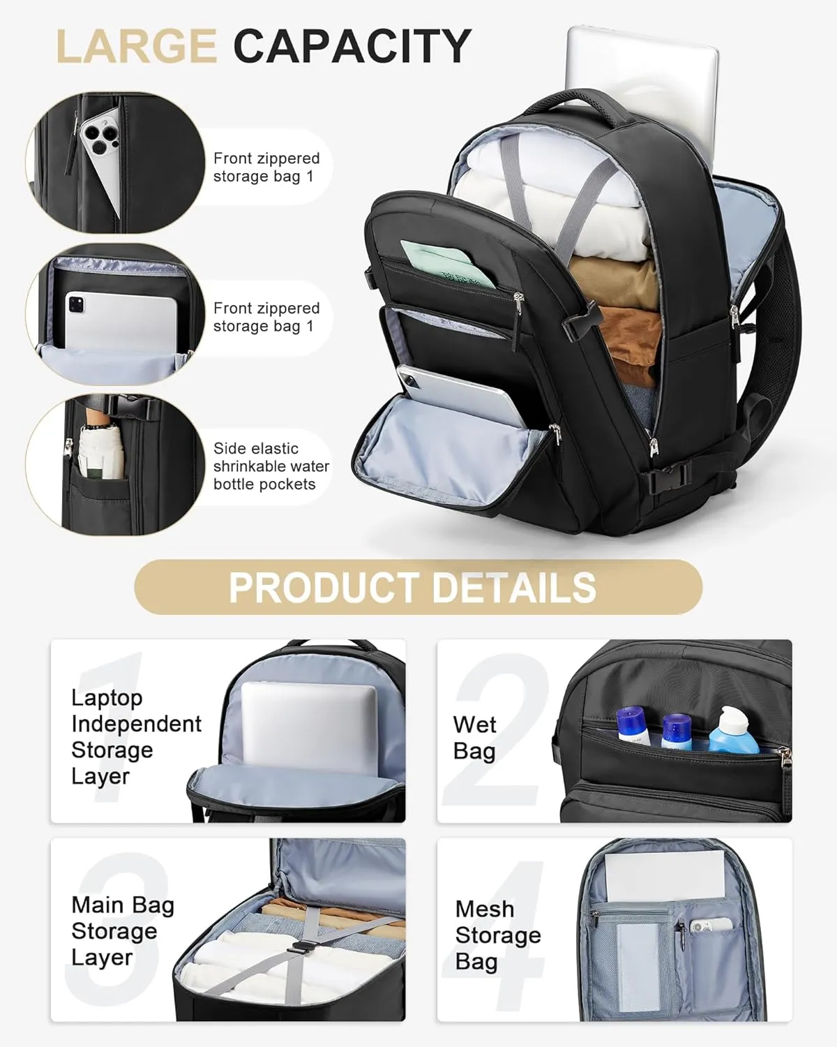 Black Travel Backpack For Women Men Carry On Backpack Flight Approved Travel Bag Personal Item Waterproof Luggage Backpack With Shoe & Laptop Compartment