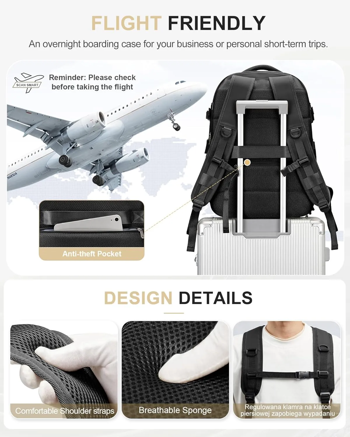 Black Travel Backpack For Women Men Carry On Backpack Flight Approved Travel Bag Personal Item Waterproof Luggage Backpack With Shoe & Laptop Compartment