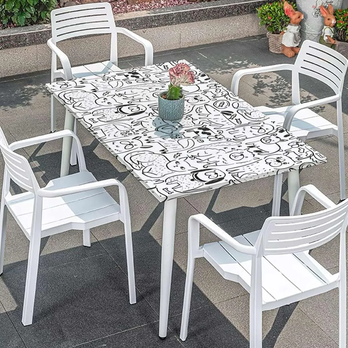 Black White Elastic Tablecloth Collection of Dogs and Cats Cute Animals Washable Spill Proof Table Covers Cartoon Fits up 4 Foot Tables