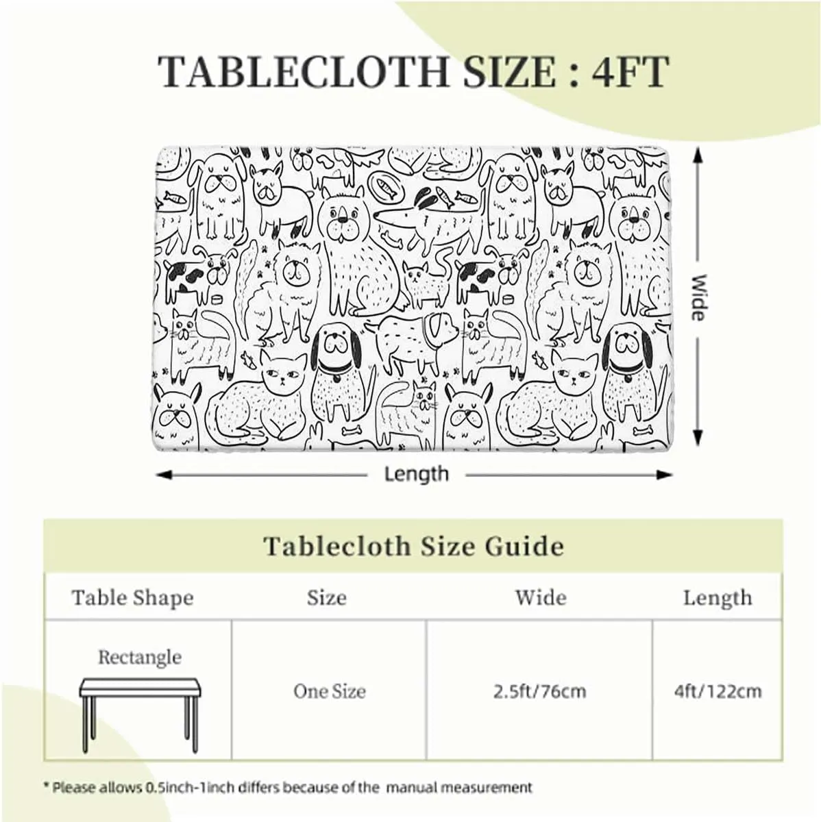 Black White Elastic Tablecloth Collection of Dogs and Cats Cute Animals Washable Spill Proof Table Covers Cartoon Fits up 4 Foot Tables