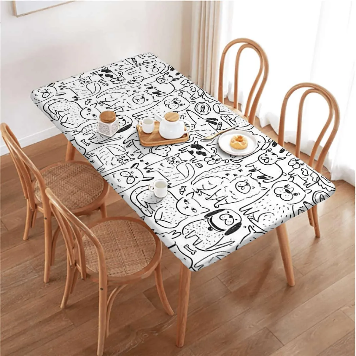 Black White Elastic Tablecloth Collection of Dogs and Cats Cute Animals Washable Spill Proof Table Covers Cartoon Fits up 4 Foot Tables