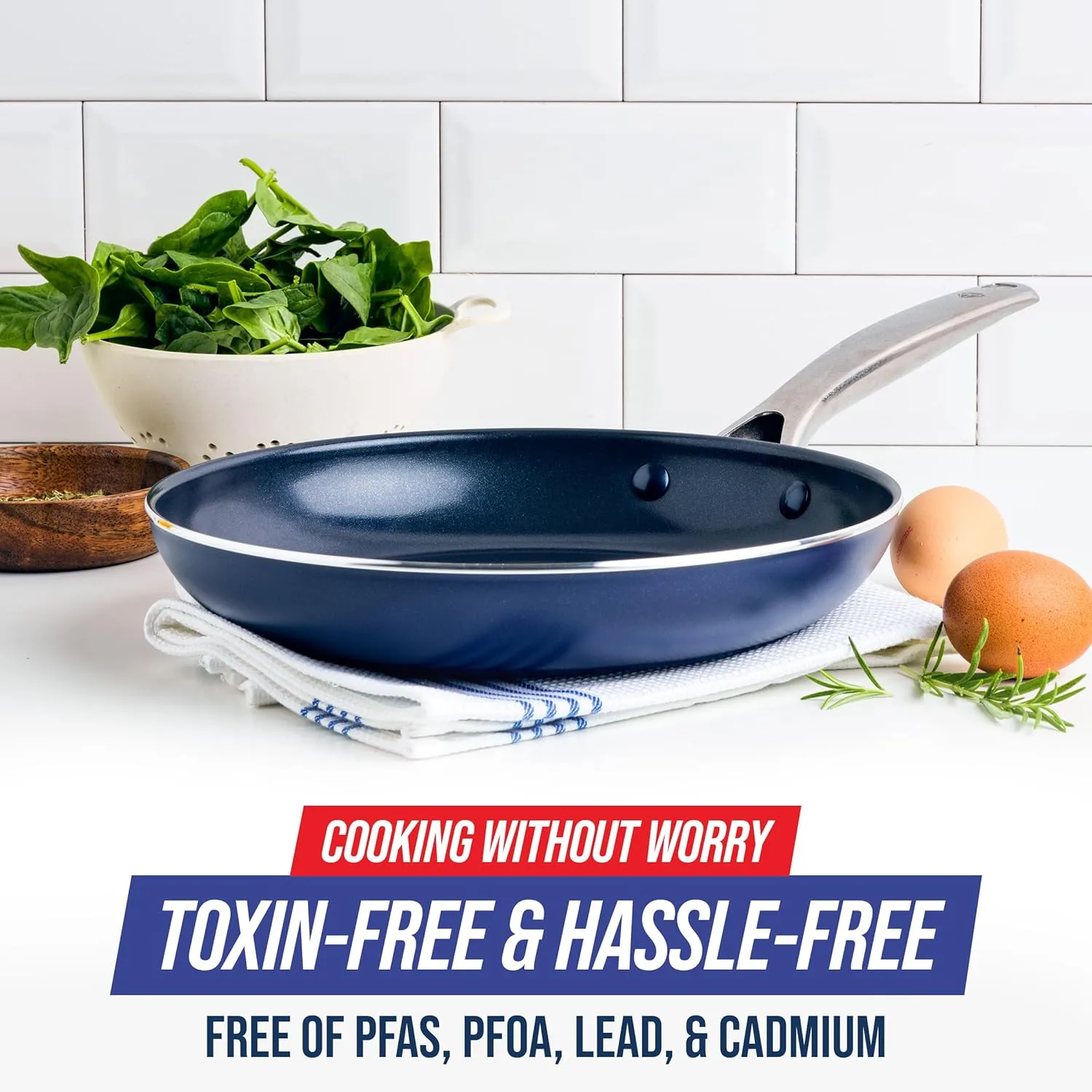 Blue Diamond 10" Nonstick Frying Pan Skillet, Diamond Infused PFAS & PTFE-Free Ceramic Pot, Dishwasher & Oven Safe, Stay Cool Handle, Durable Non Toxic Metal Utensil Safe, Egg & Omelet Pan, Blue