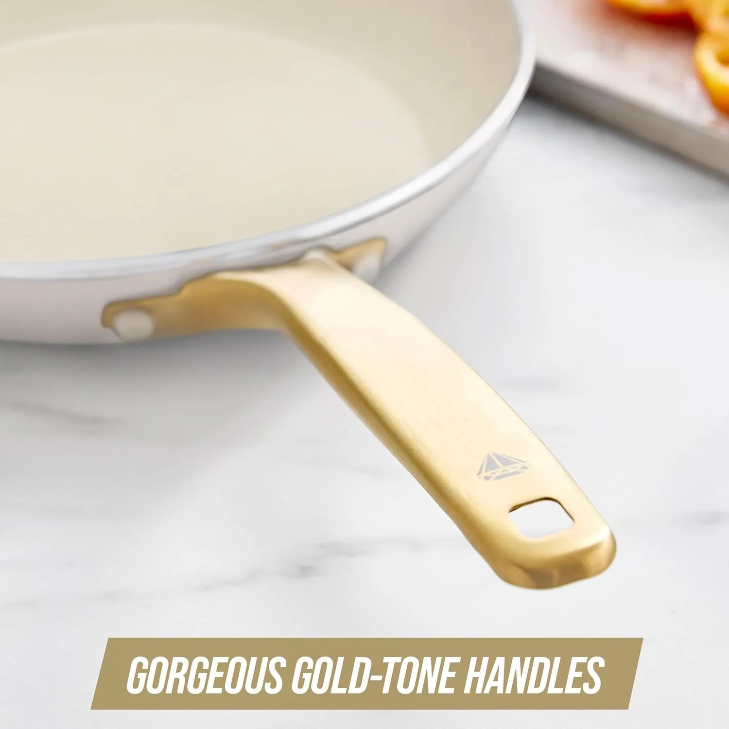 Blue Diamond Gold, 12" Nonstick Frying Pan Skillet, Diamond Infused PFAS & PTFE-Free Ceramic Pot, Induction, Dishwasher & Oven Safe, Durable Non Toxic Metal Utensil Safe, Egg & Omelet Pan, White