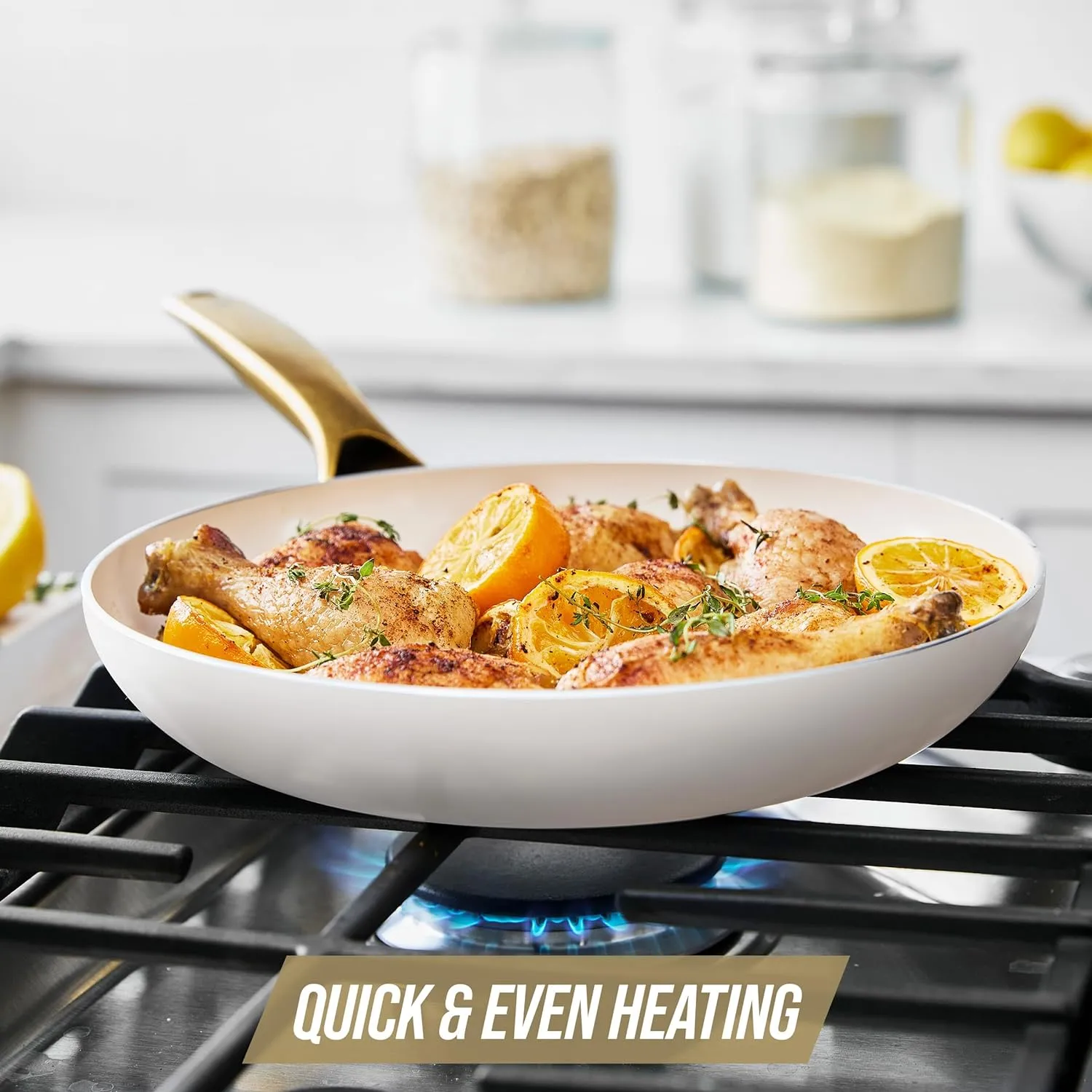 Blue Diamond Gold, 12" Nonstick Frying Pan Skillet, Diamond Infused PFAS & PTFE-Free Ceramic Pot, Induction, Dishwasher & Oven Safe, Durable Non Toxic Metal Utensil Safe, Egg & Omelet Pan, White