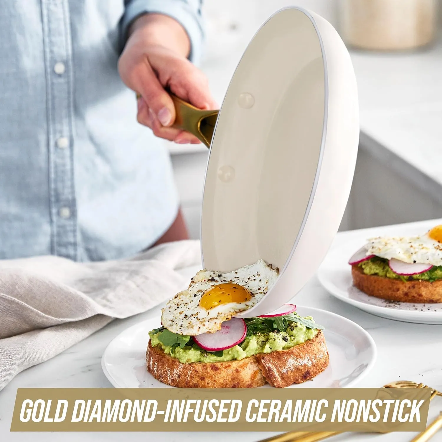 Blue Diamond Gold, 12" Nonstick Frying Pan Skillet, Diamond Infused PFAS & PTFE-Free Ceramic Pot, Induction, Dishwasher & Oven Safe, Durable Non Toxic Metal Utensil Safe, Egg & Omelet Pan, White