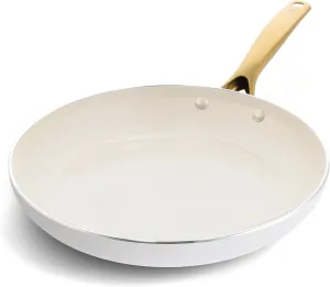 Blue Diamond Gold, 12" Nonstick Frying Pan Skillet, Diamond Infused PFAS & PTFE-Free Ceramic Pot, Induction, Dishwasher & Oven Safe, Durable Non Toxic Metal Utensil Safe, Egg & Omelet Pan, White
