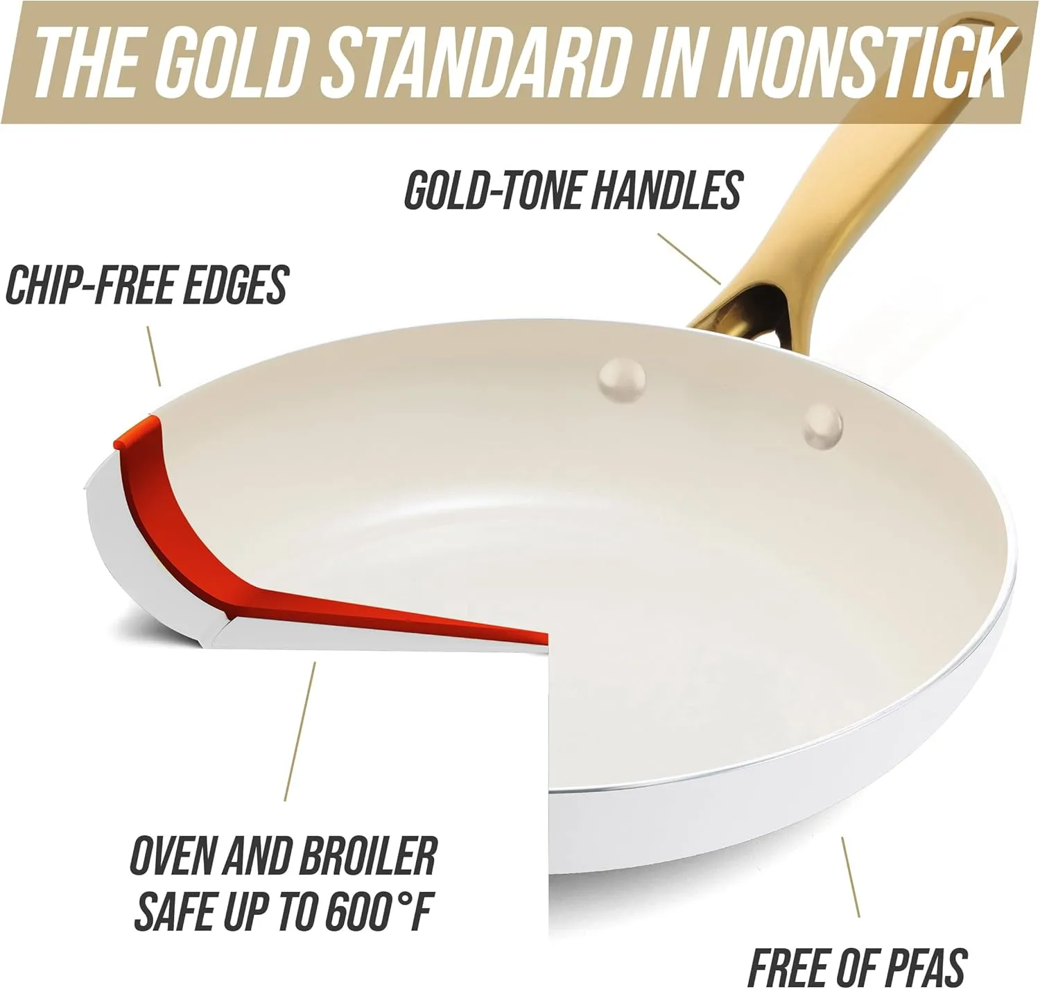 Blue Diamond Gold, 12" Nonstick Frying Pan Skillet, Diamond Infused PFAS & PTFE-Free Ceramic Pot, Induction, Dishwasher & Oven Safe, Durable Non Toxic Metal Utensil Safe, Egg & Omelet Pan, White