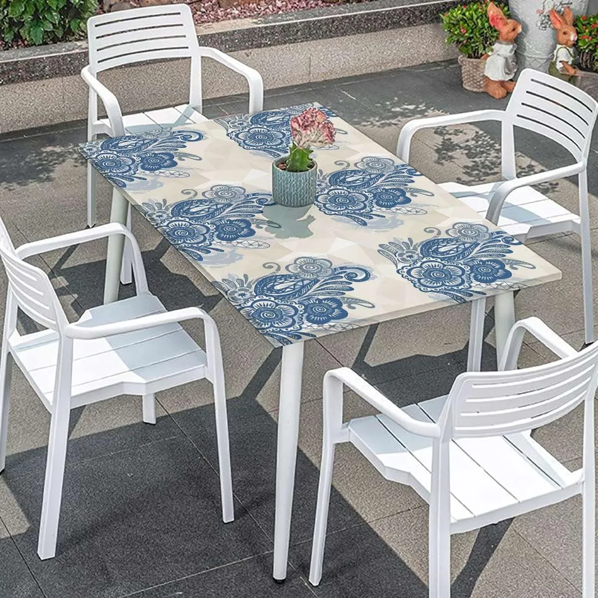 Blue Grey Elastic Edge Fitted Tablecloth, Romantic Flower Tropicalspired Polyester Fitted Waterproof Outdoor Tablecloth Exotic Fits up 5 Foot Tables