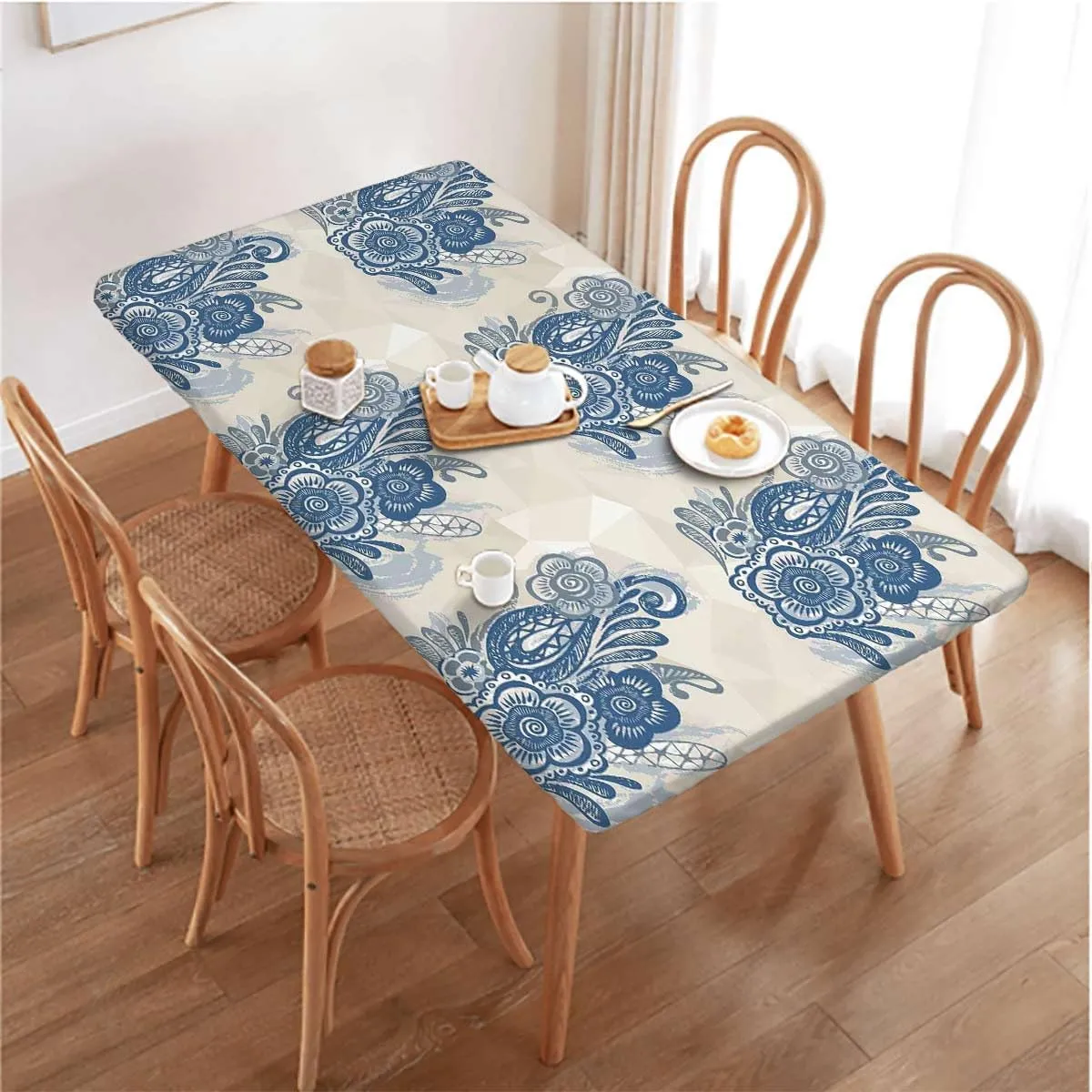 Blue Grey Elastic Edge Fitted Tablecloth, Romantic Flower Tropicalspired Polyester Fitted Waterproof Outdoor Tablecloth Exotic Fits up 5 Foot Tables