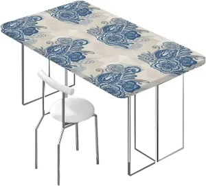 Blue Grey Elastic Edge Fitted Tablecloth, Romantic Flower Tropicalspired Polyester Fitted Waterproof Outdoor Tablecloth Exotic Fits up 5 Foot Tables