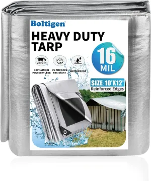 Boltigen 10x12Ft Heavy Duty Tarp, 16Mil Large Plastic Tarp with Grommets and Reinforced Edges, Outdoor Waterproof Insulated Tarp for Roof, Camping, Car, Patio (10x12 Ft-16Mil)