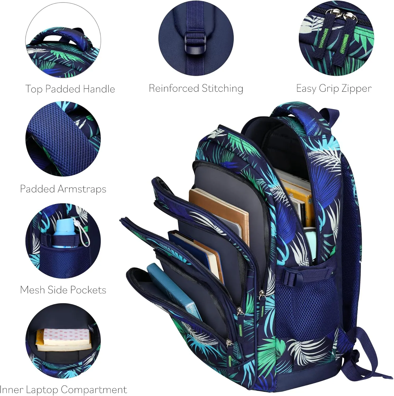 Boys Backpack | Tropical Grove Collection | 17" Tall, 24L | Foliage Black Design for Teens
