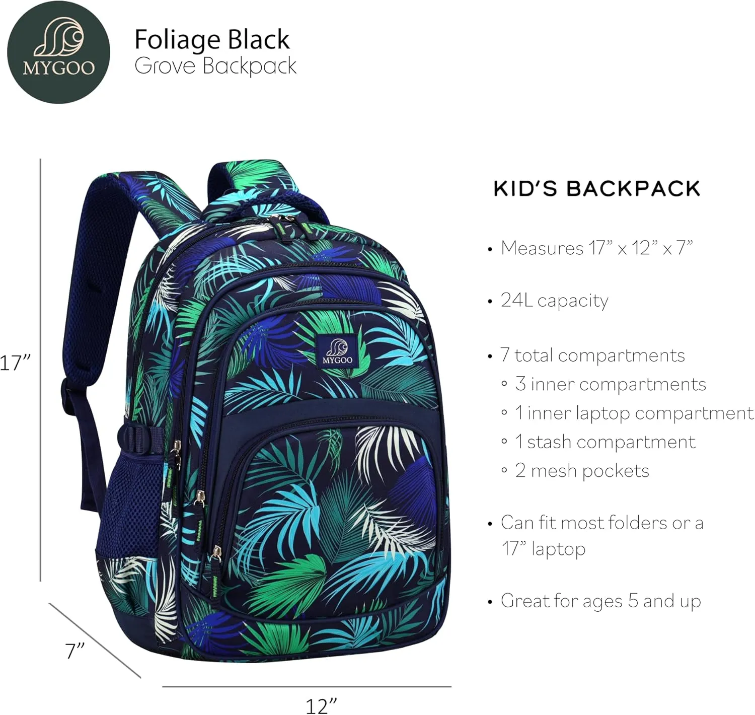 Boys Backpack | Tropical Grove Collection | 17" Tall, 24L | Foliage Black Design for Teens