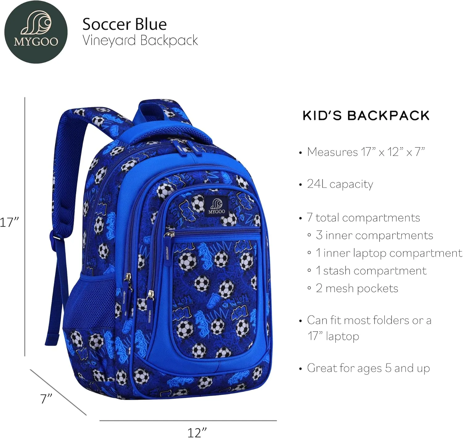 Boys' Elementary School Backpack | Vineyard Collection | 17" Height 24L | Soccer Blue