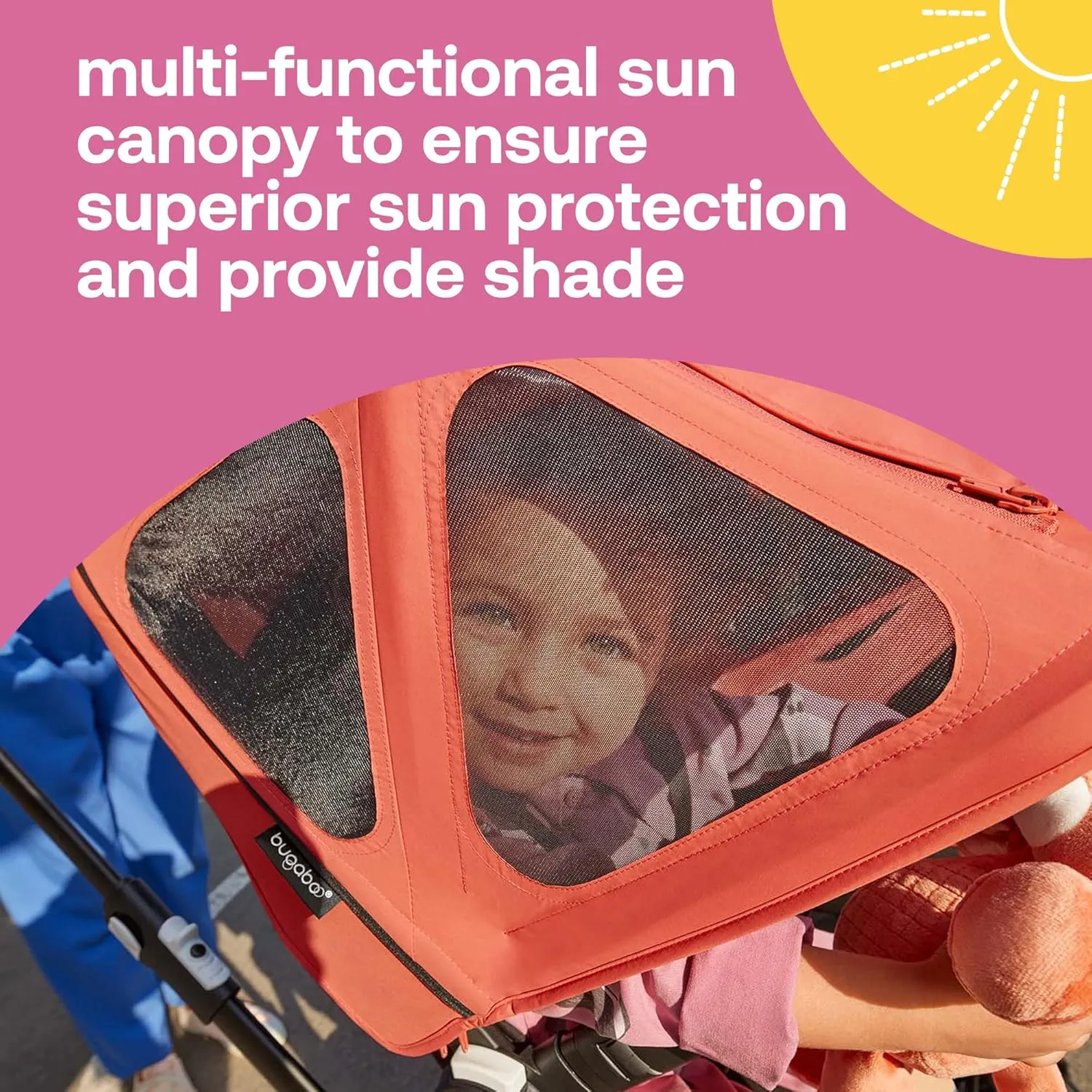 Bugaboo Breezy Sun Canopy, Extendable for Extra Coverage and Optimal Sun Protection, Water Repellent, Compatible with Fox/Cameleon 3/Lynx Strollers (Morning Pink)
