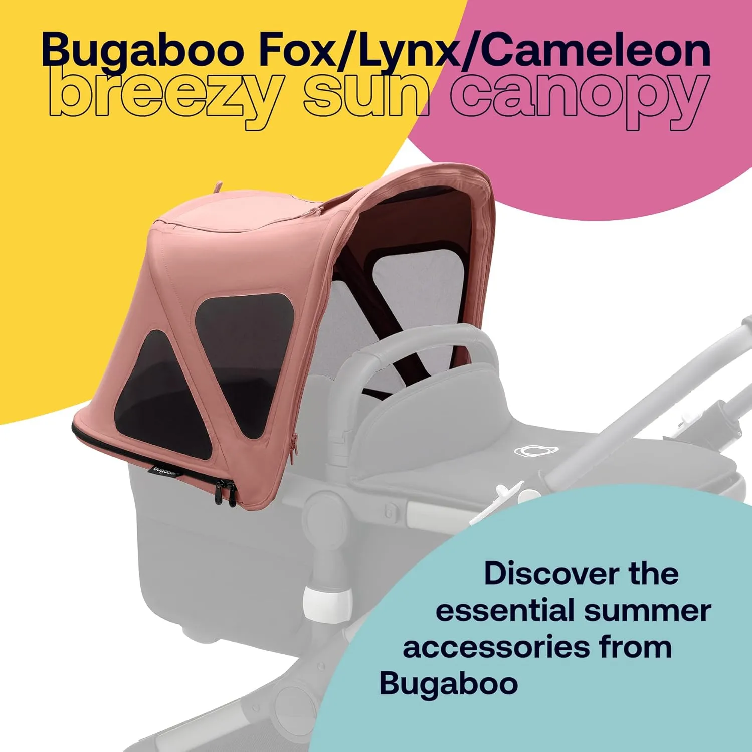 Bugaboo Breezy Sun Canopy, Extendable for Extra Coverage and Optimal Sun Protection, Water Repellent, Compatible with Fox/Cameleon 3/Lynx Strollers (Morning Pink)