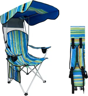 Camping Chair with Canopy-Portable Folding Outdoor Chair Adjustable Sun Shade, Cup Holder & Side Pockets for Beach, Fishing, Picnic,Lawn -Multi