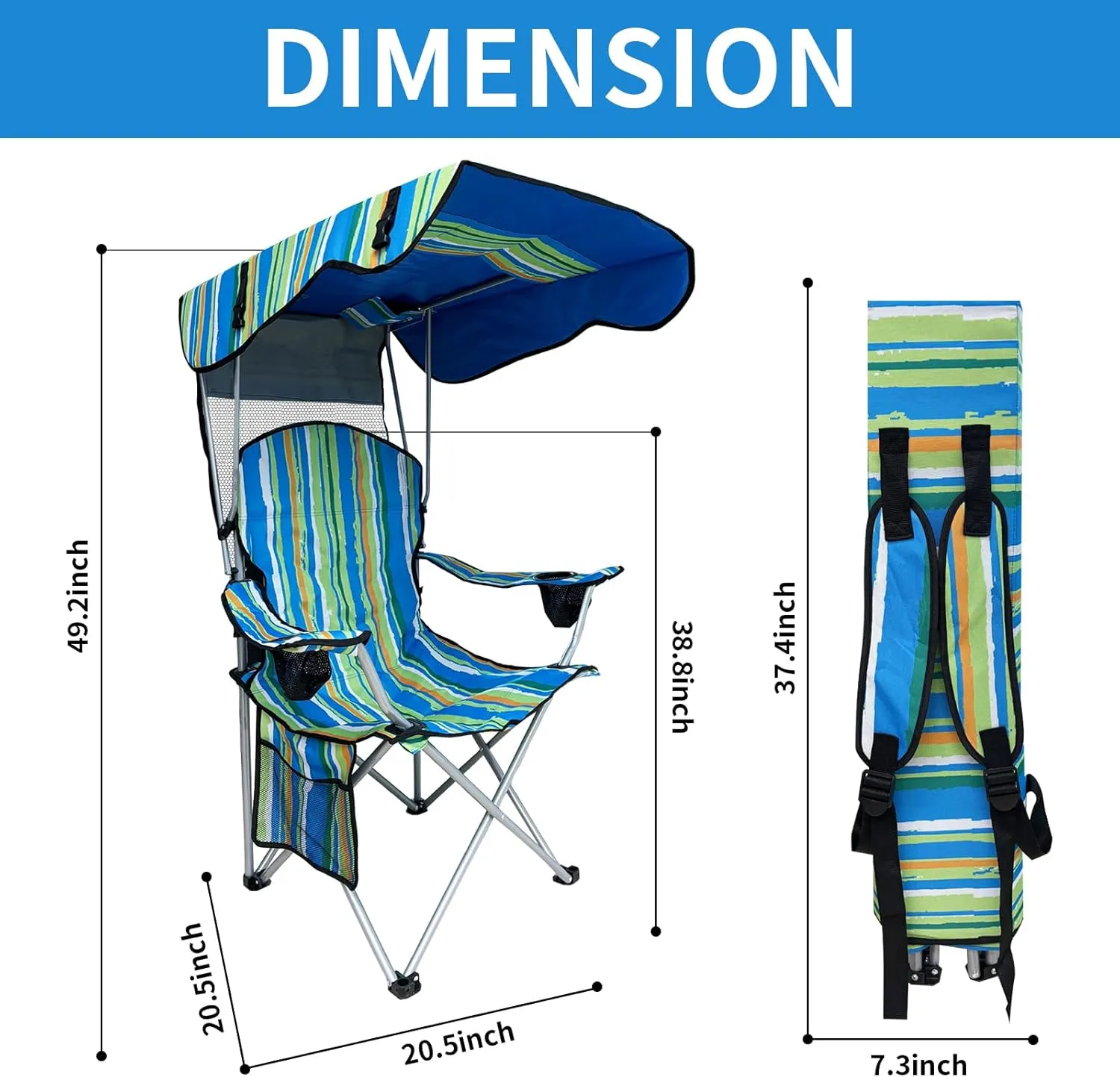 Camping Chair with Canopy-Portable Folding Outdoor Chair Adjustable Sun Shade, Cup Holder & Side Pockets for Beach, Fishing, Picnic,Lawn -Multi