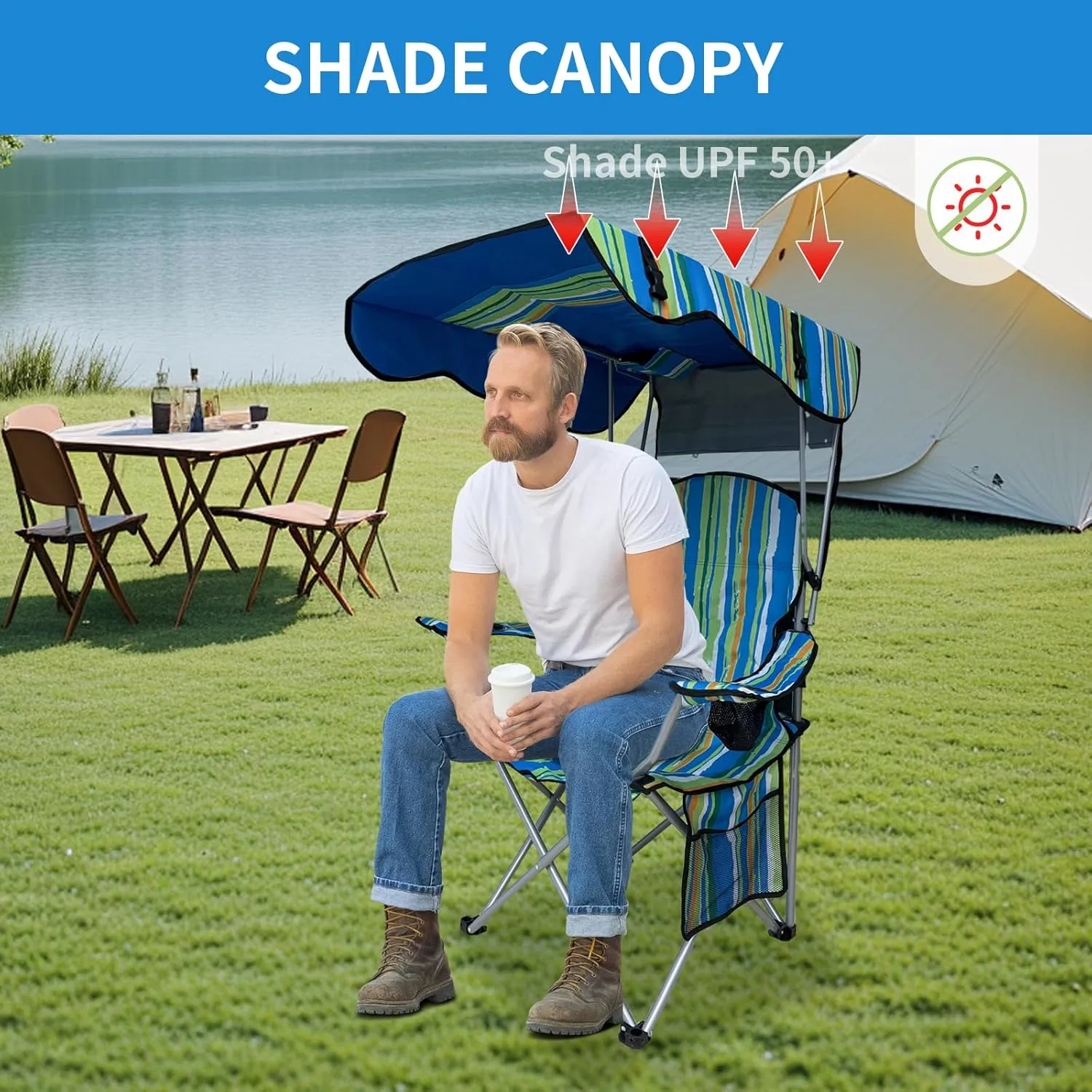 Camping Chair with Canopy-Portable Folding Outdoor Chair Adjustable Sun Shade, Cup Holder & Side Pockets for Beach, Fishing, Picnic,Lawn -Multi