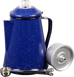 Camping Coffee Percolator - Enamel Coating Gloss Finish And Glass Cap For Backpacking, Campsite, Kitchen And FireCoffee Pot Makes 12 Cups - Comes With Basket For Grounds And Stainless Steel Spoon
