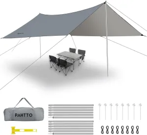 Camping Tarp with Poles, 16x12 Ft Camping Canopy, Waterproof Tent Tarp, Rain Shelter for Camping, Picnic,Beach, Outdoor Activities, Extra Large, Lightweight and UV Resistant, Extra Large, Grey