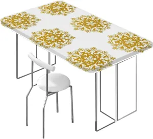 Caramel White Elastic Tablecloth Mandala Victorian Style Traditional Waterproof Wipeable Table Cloth Protector,for 4 Foot Tables Mandala
