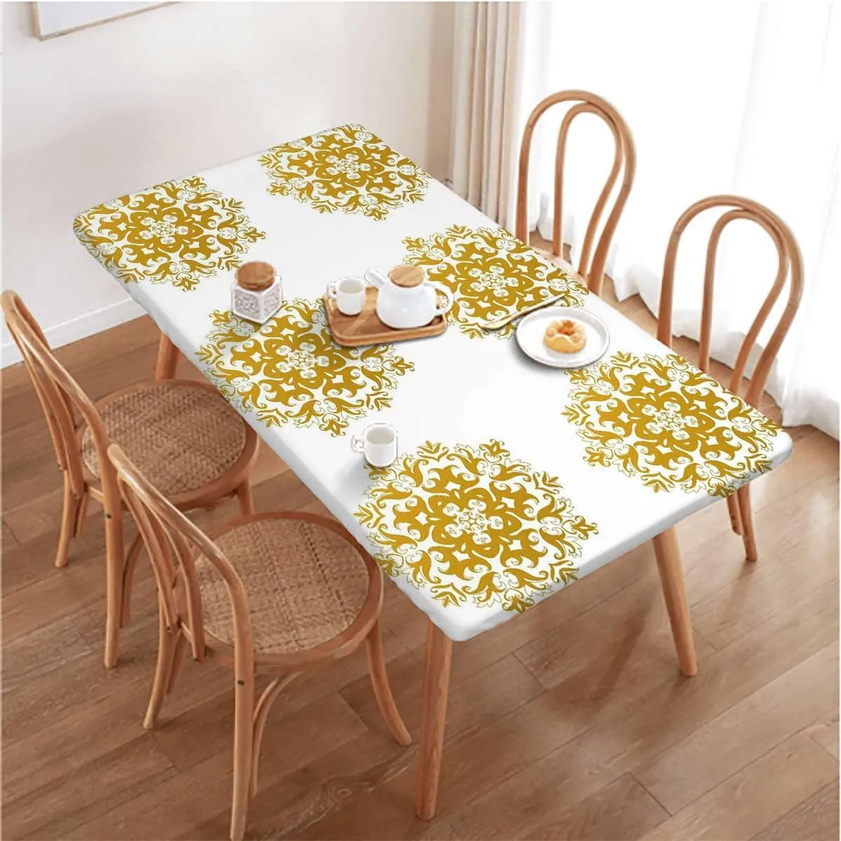 Caramel White Elastic Tablecloth Mandala Victorian Style Traditional Waterproof Wipeable Table Cloth Protector,for 4 Foot Tables Mandala